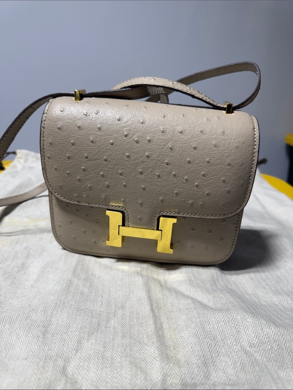 NEW Constance Mini Ostrich-Textured Taupe Shoulder Bag